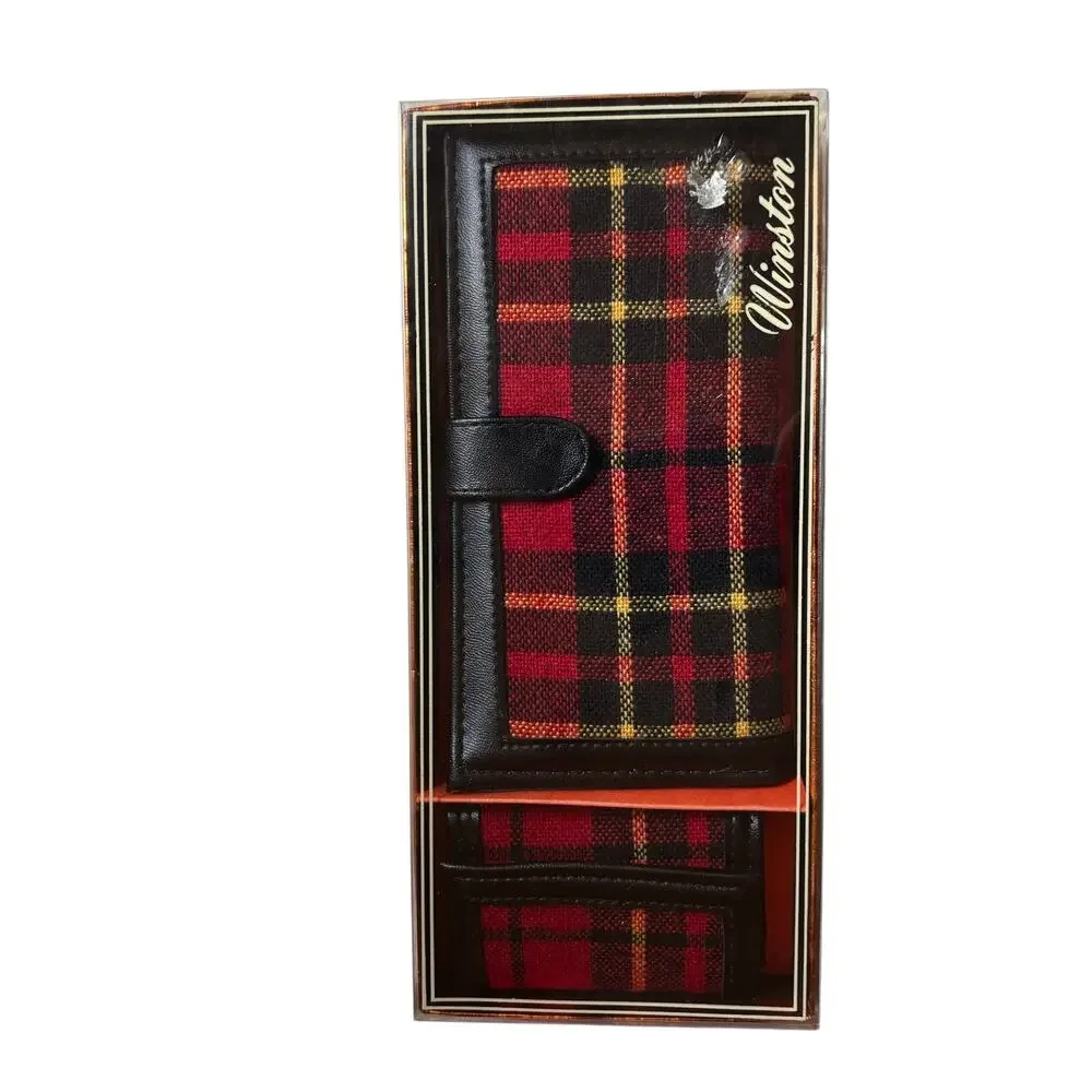 Vintage NOS Winston wallet & key holder set red plaid & black trim accessory set